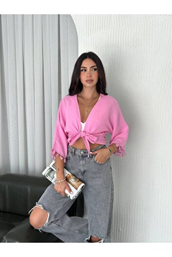 Noa Noa Kol Püsküllü Müslin Kumaş Kimono Hırka