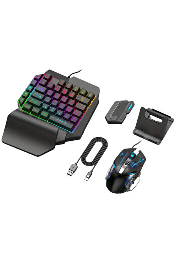 LUDORA Kit Gaming Telefon cu Tastatura 39 taste One Hand si mouse, Iluminare RGB, Compatibil Android