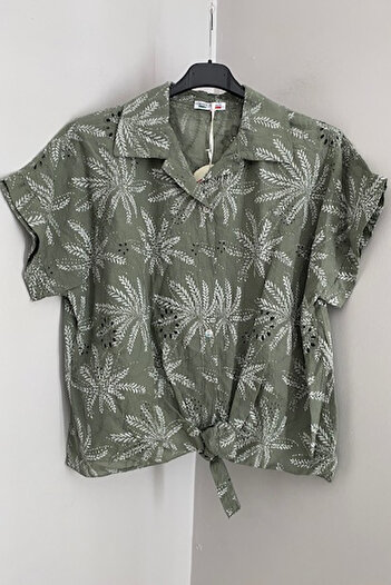 AYASOFYA OTANTIK Women's Italian Khaki Leaf Pattern Scalloped Tie-Up Blouse