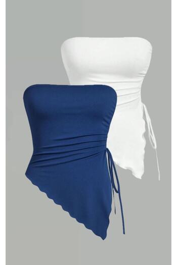 Marin Star Σετ 2 τεμαχίων Navy Blue White Asymmetric Side Gathered Stretchy καλοκαιρινή μπλούζα, Navy Blue Lycra Strapless με κορδόνια