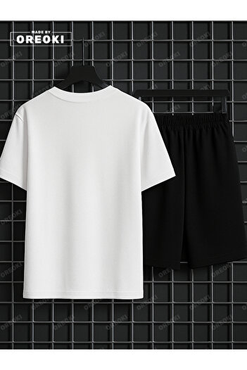 EFFRENATU Aura Printed Cotton Unisex White T-Shirt-Black Shorts Set
