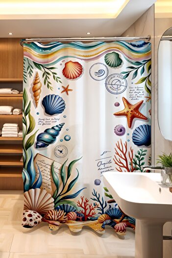 EVPANYA Banyo Perdesi, Deniz Tabanı Canlıları Desenli Duş Perdesi, Küvet Perdesi 175x200cm