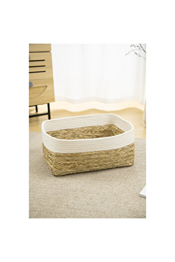 HONEYBEE Space-Saving Durable Lightweight Straw Storage Basket Brown and White