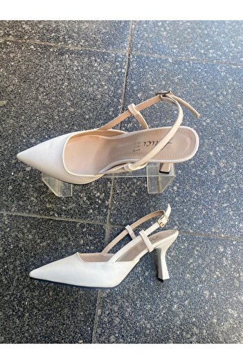 Aysun Ayakkabı White Outer Material Skin Leather Goblet Heels Slingback Women's Shoes