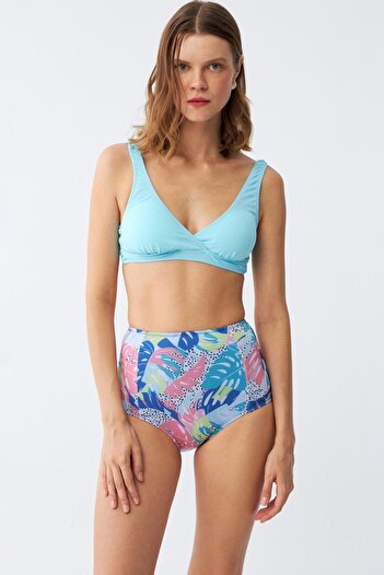 Akbeniz Women's Padded Top Tropical Pattern High Waist Bikini Set - Ice Blue
