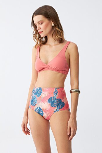 Akbeniz Women's Salmon Pad Top and Tropical Print High Waist Bikini Set
