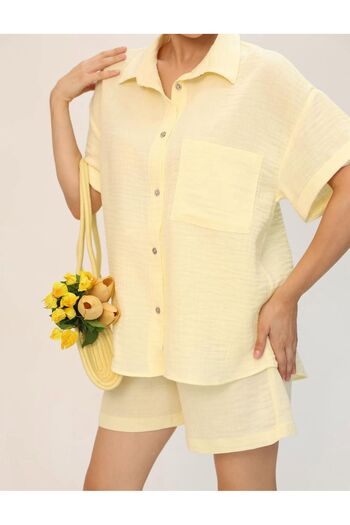 OTAKU Women's Linen Short Sleeve Shirt Shorts Set