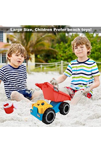 Toybox Kids Beach Dump Truck Toy Set with Sand Tools, Large Heavy Duty Wheels, Bucket and Moulds, Multicolo