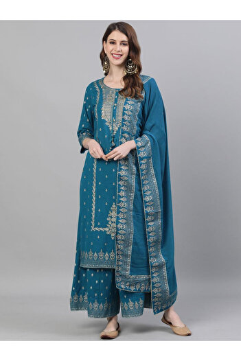 Ishin By Styli Embroidered Round Neck Kurta with Sharara and Dupatta Set