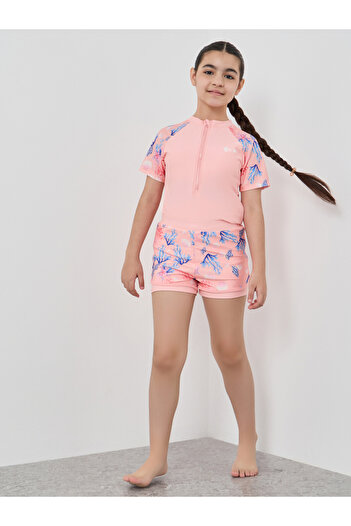 Styli Girls Coral Printed Raglan Sleeve Swimsuit