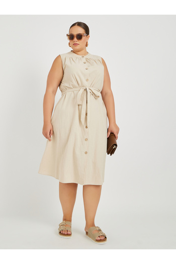 Styli Plus Size Sleeveless Buttoned Midi Dress with Tie-Up Belt Detail