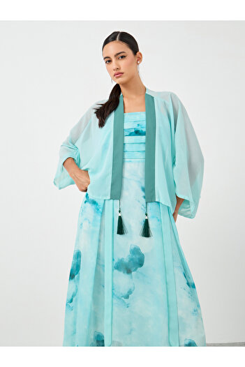 Keenly By Styli Dye Print Open Front Tassel Detail Kimono with Midi Dress Set