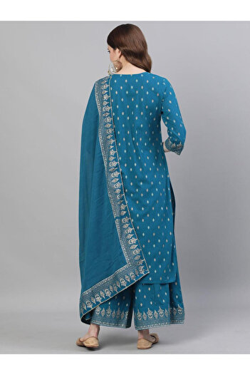 Ishin By Styli Embroidered Round Neck Kurta with Sharara and Dupatta Set