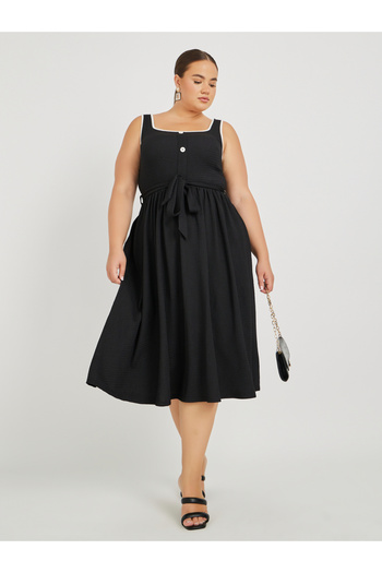 Styli Plus Size Textured Strappy Midi Dress with Tie-Up Belt Detail