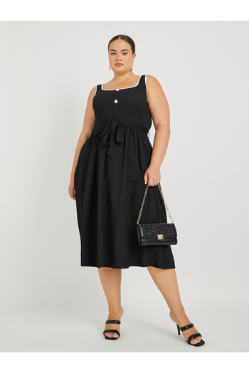 Styli Plus Size Textured Strappy Midi Dress with Tie-Up Belt Detail