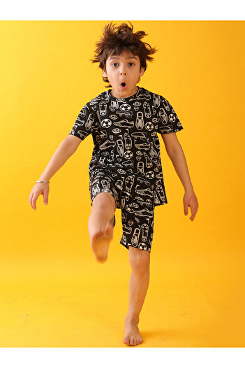 Anthrilo By Styli All-Over Football Print Short Sleeve T-Shirt and Shorts Set
