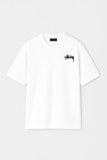 THE RULE Unisex Stüssy Broken Glass Printed Oversize 100% Cotton Wide Cut Crew Neck White T-Shirt Rf0528