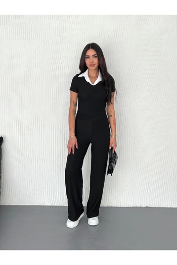 ETİLER COLLECTION Ottoman Fabric Black White Shirt Collar Blouse Pants Set