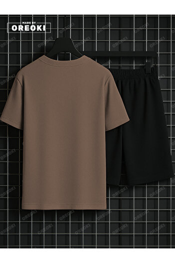 EFFRENATU Love to Death Printed Cotton Unisex Light Brown T-Shirt-Black Shorts Set