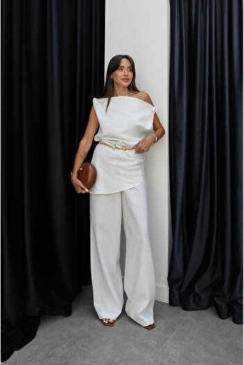 Havoş White Taran Blouse Trousers 100% Linen Suit