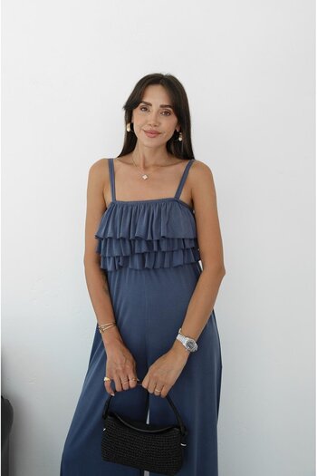 Havoş Indigo Blue Ruffled Strap Modal Jumpsuit