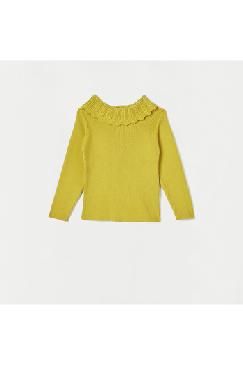Juniors Knit Textured Sweater With Long Sleeves And Scallop Hem Collar