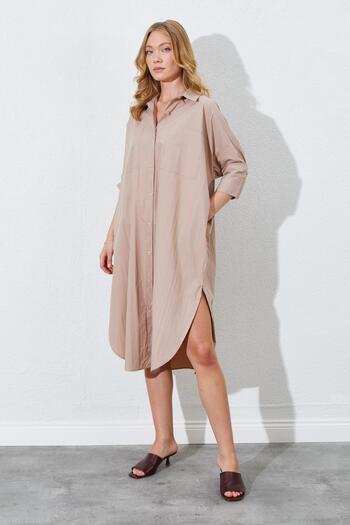TENA Women's Mink Loose Fit Double Pocket Shirt Dress