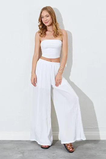 TENA Women's Ecru Elastic Waist Wide Leg Wrinkle Trousers