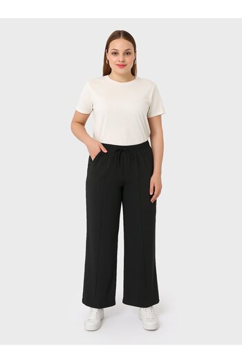 ALİA Ribbed Elastic Waist Plus Size Trousers - Black -