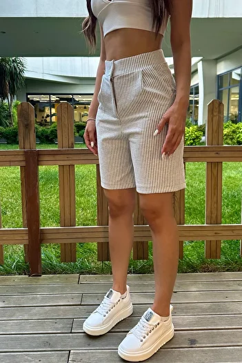 BİKELİFE Women's Linen Blend Comfortable Flowing Striped Shorts