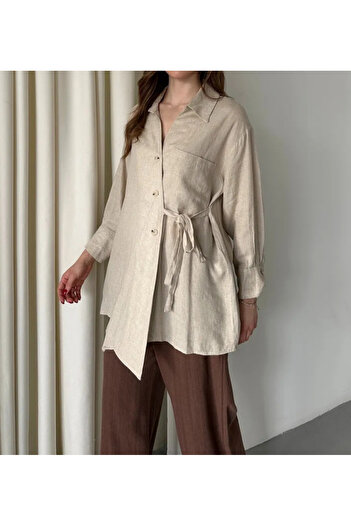 My Blog Natural Cross Buttoned Shirt with Belt - 5258