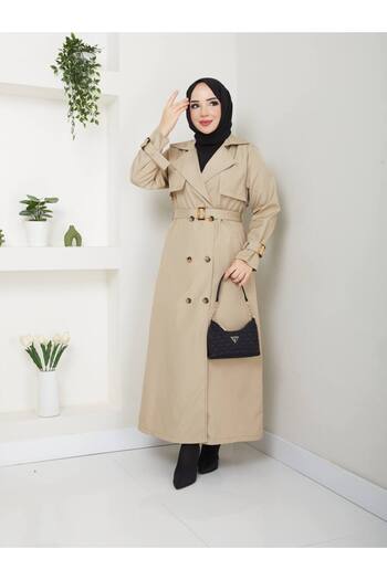 RACE FASHİON Modest Wear Waterproof Double Breasted Collar Belted Full Length Trench Coat Rc1403056