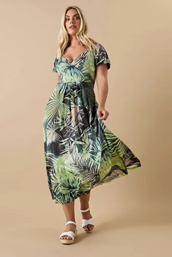 Şans Women's Plus Size Green, Wrap Collar, Short Sleeve, Floral Print Long Dress 65N38999
