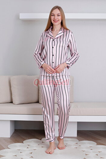quilling Powder Color and Stripe Quality, Stylish and Long Sleeve, 250 Satin Pajamas Set