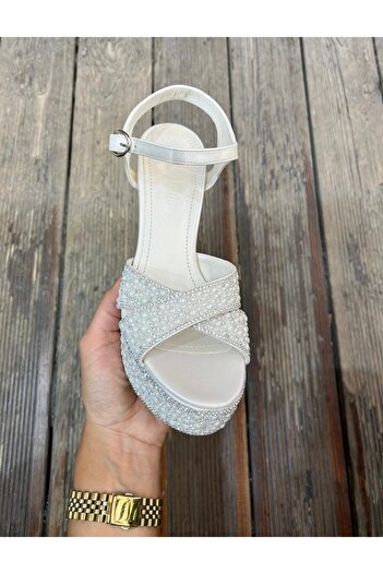 Afilli White Women's Stone Shiny Evening Dress Wedding Engagement Wedding Dress Platform Thick High Heel Sandals Shoes