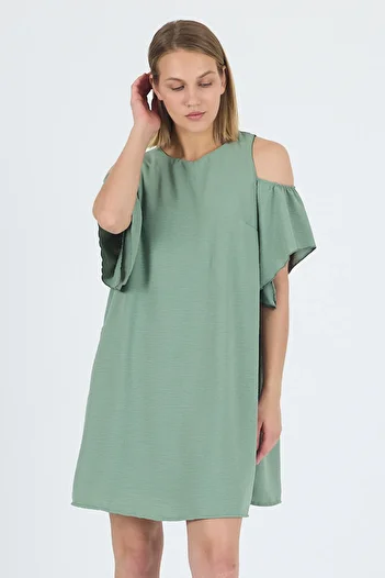 Laranor Green Crew Neck Flywheel Sleeve Shoulder Low-Cut Ayrobin Dress 25L8122