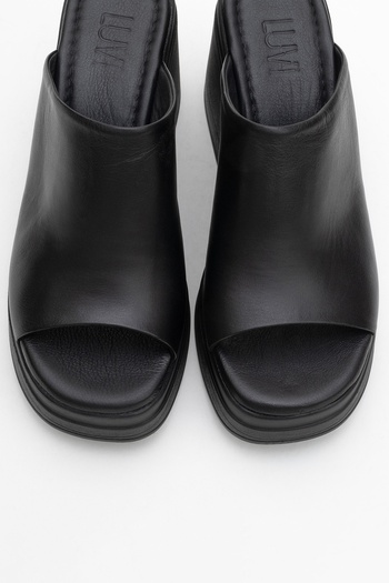 LuviShoes Nola Black Skin Genuine Leather Women's Platform Heeled Slippers