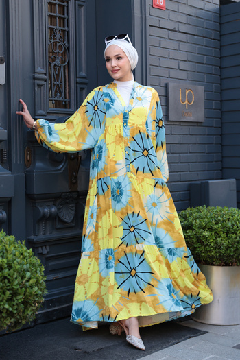 LOCCO Women's Sunflower Patterned Dress Blue-Yellow
