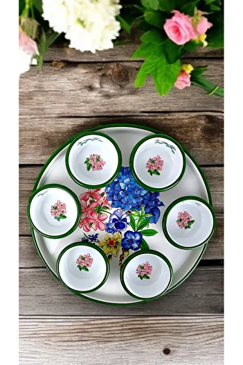 İnci Emaye 7 Piece Medium Size Patterned Enamel Breakfast Set, Presentation, Breakfast Plate, Jam Bowl, Olives, Cheese Plate