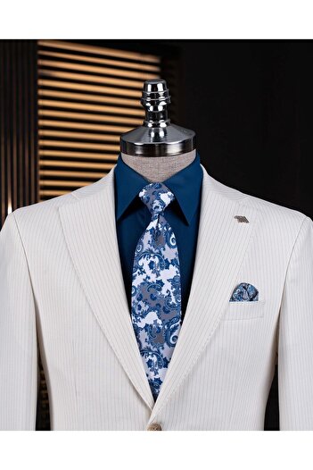 TerziAdemAltun Italian Style Slim Fit Mono Collar Jacket Pants Suit Ecru T14293