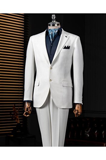 TerziAdemAltun Italian Style Slim Fit Seersucker Fabric Jacket Pant Suit Ecru T13875