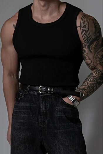 NO 601 Men's Black Slimfit Camisole Rib Plain Tank Undershirt