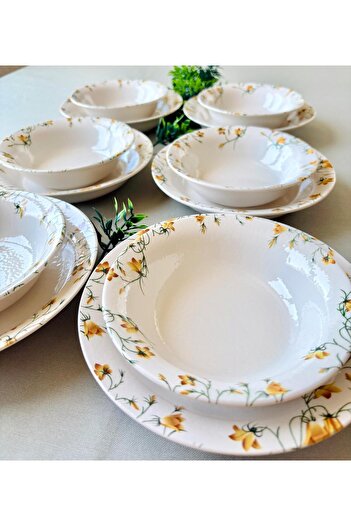 Yiğit Seramik Züccaciye Yellow Crocus Model 12 Piece Modern Dinner Set (6 Soup + 6 Dinner Plates)