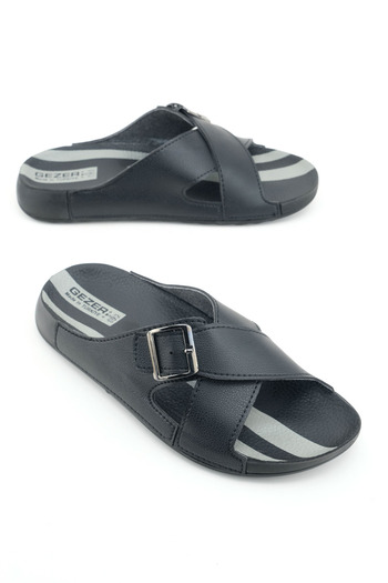 GEZER Men's Summer Single Buckle Adjustable Faux Leather Comfortable Sole Daily Slippers