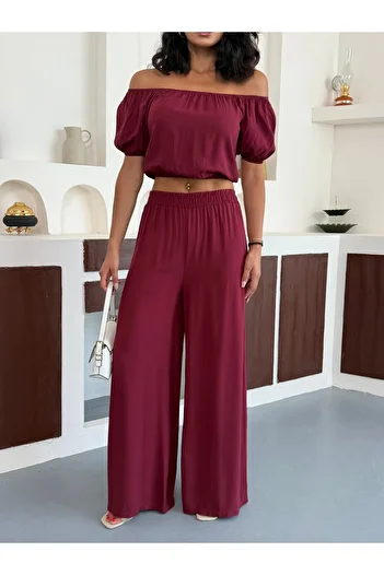BILDEŞA Women's Patterned Crop Wide Leg Pants Bottom Top Set