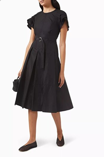 3.1 Phillip Lim Siyah Petal Kollu Elbise Kemerli, Pileli Etek, Romantik Modern Şıklık