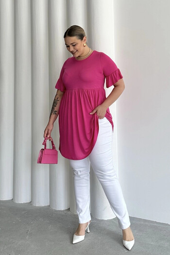 Stil Diva Plus Size Sleeve Detailed Elastic Waist Pleated Tunic T-Shirt T41