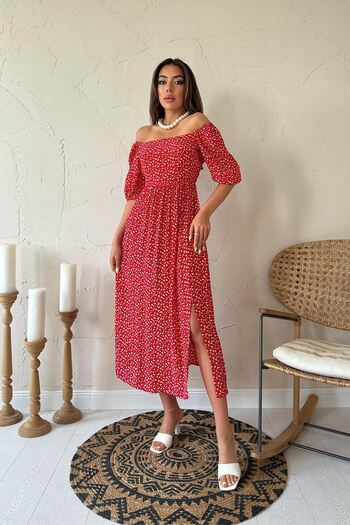 sharin Women's Summer Red Floral Patterned Back Low-Cut Midi Length Dress 11B-6940