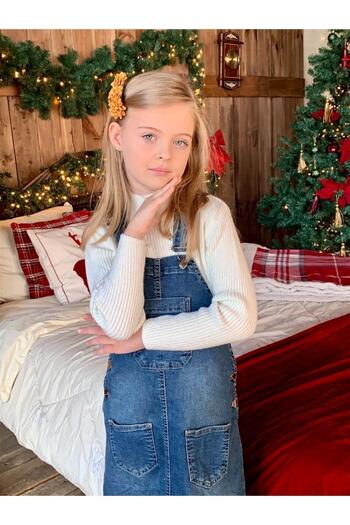 Marka Sensin Kids Girls' Jeans Salopet Half Turtleneck White Sweater Jeans Hat 4-Piece Set