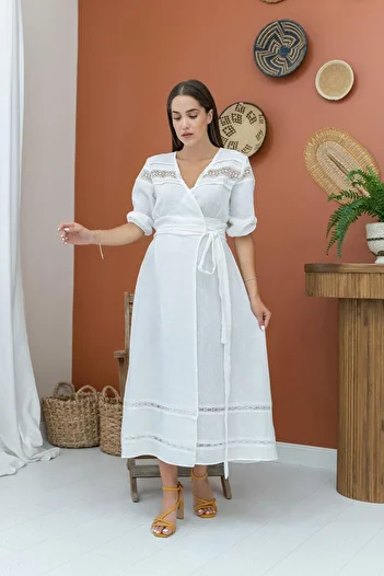 sharin Women's Summer Ecru Lace Detailed Double Breasted Collar Midi Length Linen Dress 10E-6988